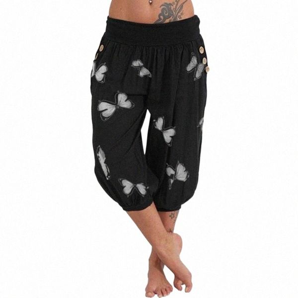 

capri pants fashion butterfly printed harem women summer buttons pant for streetwear elastic baggy casual belted trousers women's & cap, Black;white