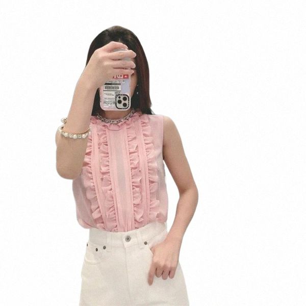 

women's blouses & shirts pink blouse women fashion designer 2021 diamonds beaded ruffles neck sleeveless ladies elegant blusas de muje, White