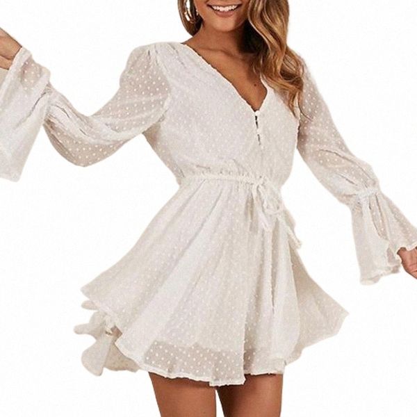 

skirts women chiffon jumpsuit v neck long sleeves bell cuff button dot summer casual playsuit rompers fashion elegant ladies party wear s50n, Black
