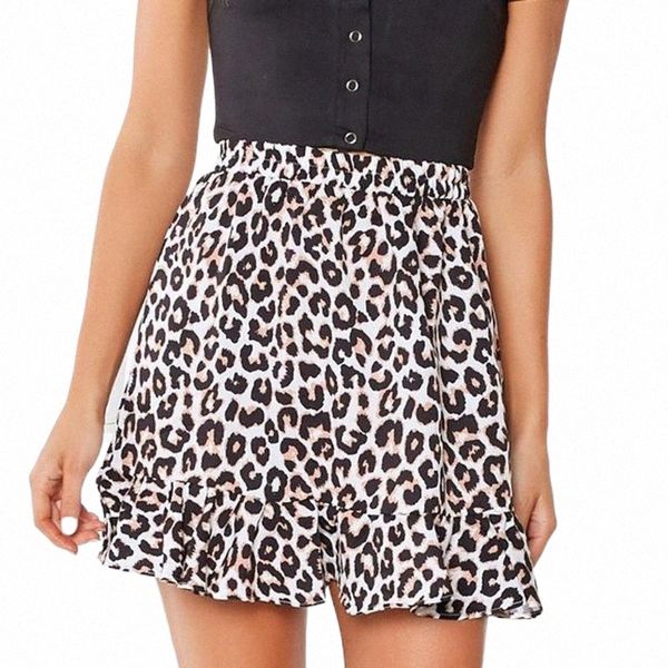 

skirts mini skirt high waist ladies women summer leopard print midder elastic ruffles casual t423 f5gi#, Black