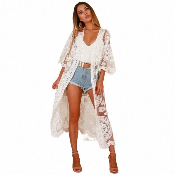 

women's swimwear 2021 women lace sheer beach dress bikini cover-ups casual loose cardigan long kimono summer cover up 57zn#, White;black