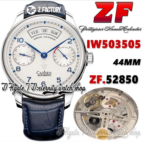 

zf v2 zf503505 annual calendar mens watch a52850 automatic white power reserve dial number markers stainless case blue leather strap super e, Slivery;brown