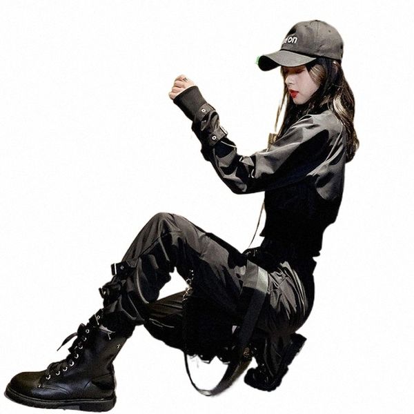 

black cargo pants women high waist trousers streetwear joggers female elastic bottoms capri ankle banded women's & capris e4go#, Black;white