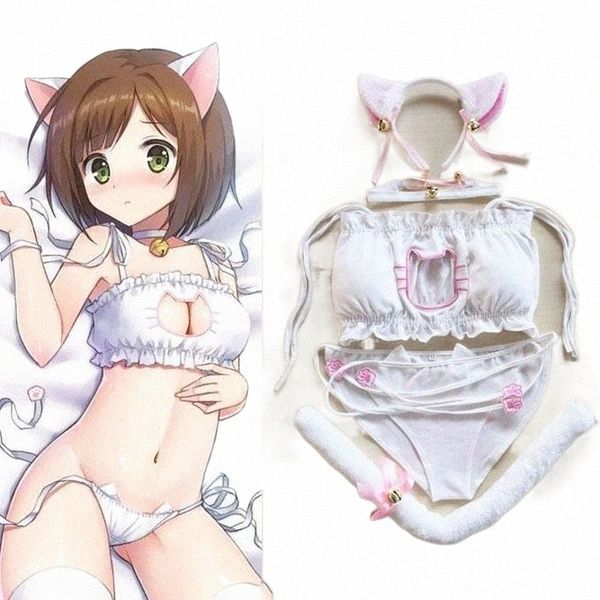 

maid cat cosplay lingerie anime miku ruffle hollow kawaii bra strappy briefs set neko embroidery footprints ear/choker bras sets 48kr#, Red;black