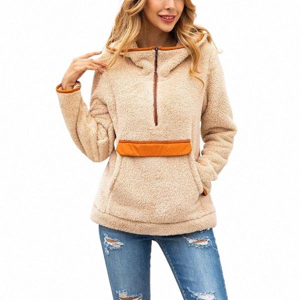 

women's hoodies & sweatshirts faux fur hooded womens pockets women patchwork pullover fleece autumn winter sweatshirt coat m3df#, Black