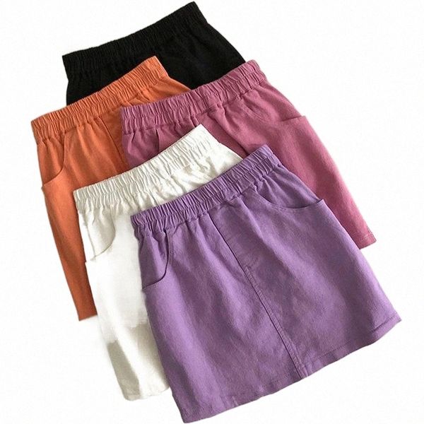 

skirts korean women high waist a-line skirt harajuku sweet elastic mini short solid color with pocket female 57tf#, Black