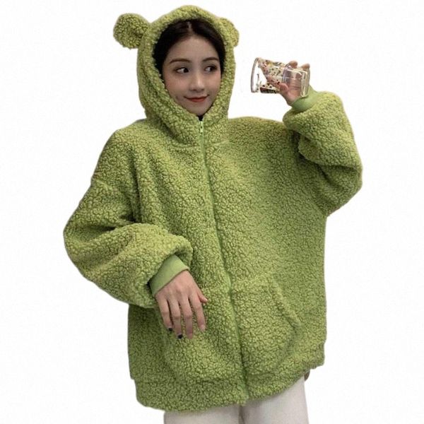 

womens hoodies lamb wool cute ear hooded sweatshirts coats ladies winter autumn warm pullovers women's & y0fd#, Black