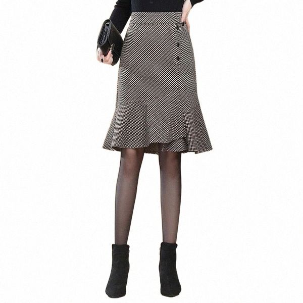 

skirts 2021 autumn & winter fishtail skirt elastic high waist slimming wild plaid casual women bag hip n204#, Black