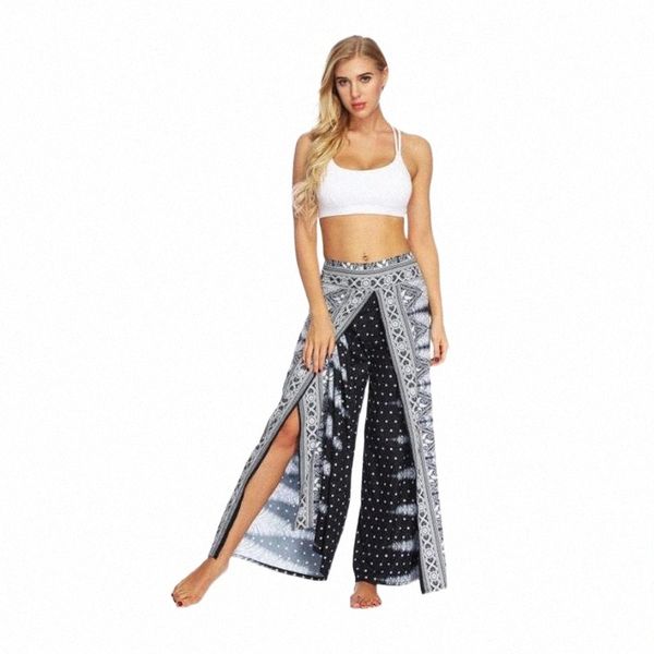 

women's pants & capris women wide-leg printed high split casual summer ladies sports comfortable loose trousers wild j1it#, Black;white