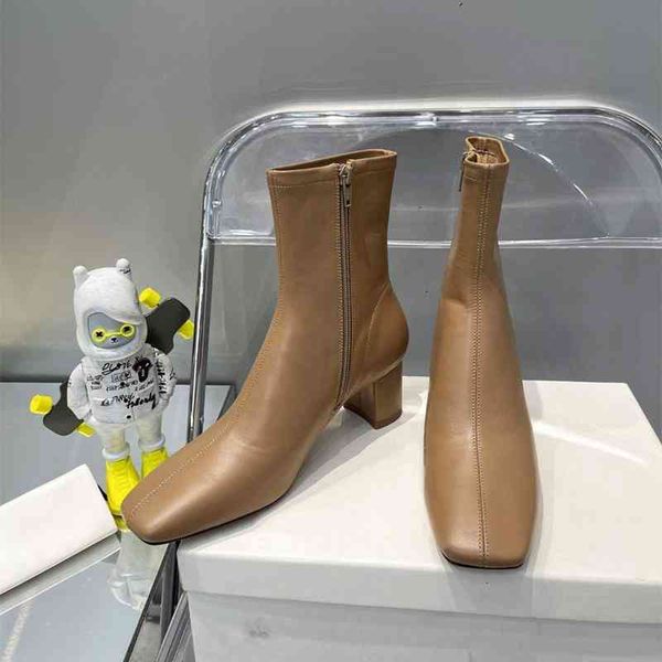 

boots by french far short boots versatile square head thick heel women's brown side zipper thin, Black