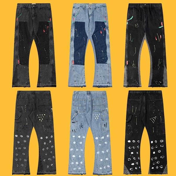 

gd mens jeans hand-splashed ink stitching pants men women casual flared trousers fashion hip-hop designer jeanss, Blue