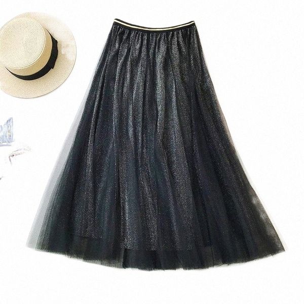 

skirts 2021 shiny glitter skirt maxi long women korean tulle pleated high waist japanese black a-line kawaii sweet ladies v7xl#