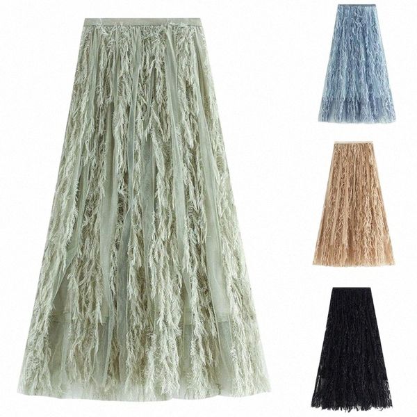 

skirts 2021 women plain high waist long skirt mesh tassel casual solid thicken summer lady club calf mujer m6rt#, Black