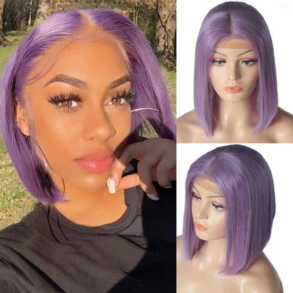 

150% 360 Straight Bob Wigs Purple 180% Density Glueless 13x1 T Part Swiss Lace Front Human Hair Short with Baby with Baby Hair, As the picture shows