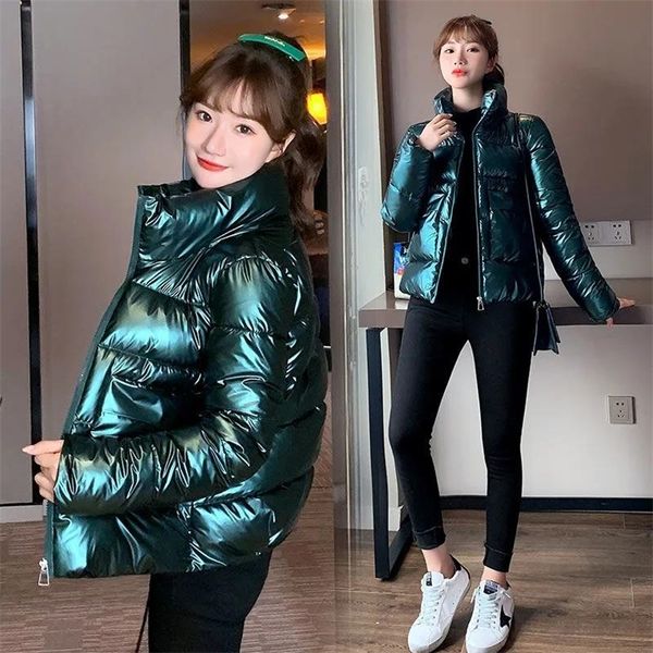 

women's down parkas puffer coat glossy down cotton jacket women autumn winter overcoat parkas loose bread outerwear thick padded jacket, Black