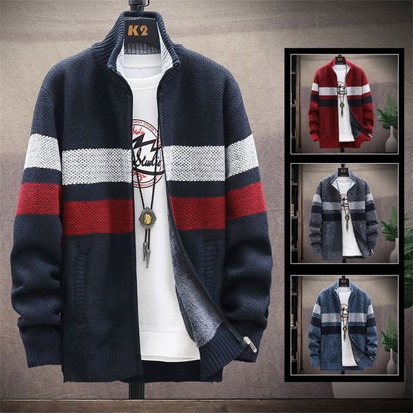 

men's sweaters autumnwinter jacket fashion stripe zipper sweater cardigan fleece warm wool sweater men's street casual coat 220919, White;black