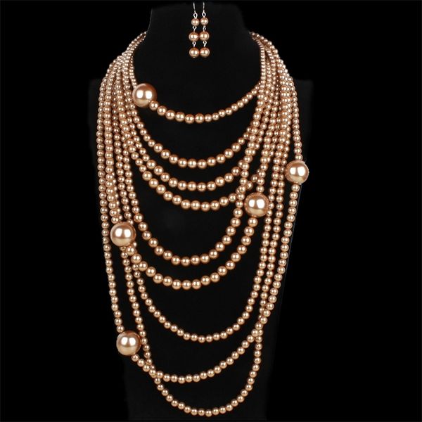 

wedding jewelry sets multi layer pearl chain necklace for women bib beads collar nigerian indian accessories amazing african 220916, Slivery;golden