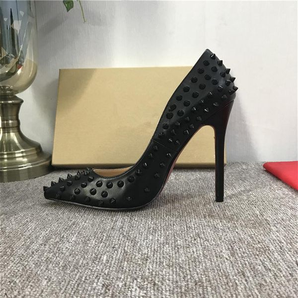 

luxurys designers 8  12cm women high heels shoes red and bottom nude color rivets leather point toe pumps rubber wedding 688297x, Black