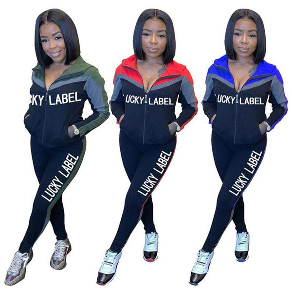 

women designers clothes lucky label letter solid color hooded long sleeve zipper jacket pants leggings sports suit two piece outfits d1250n, White