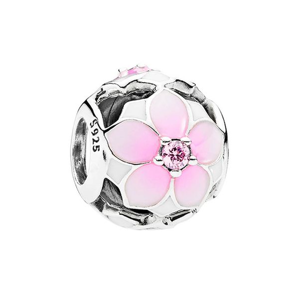 

openwork pink magnolia flower charm real 925 sterling silver jewelry accessories with original retail box for pandora bangle bracelet neckla, Bronze;silver