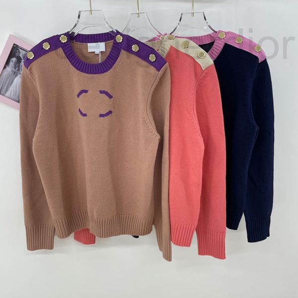 

women's sweaters designer small fragrance autumn new round neck metal shoulder button pullover long sleeve splice color contrast loose, White;black