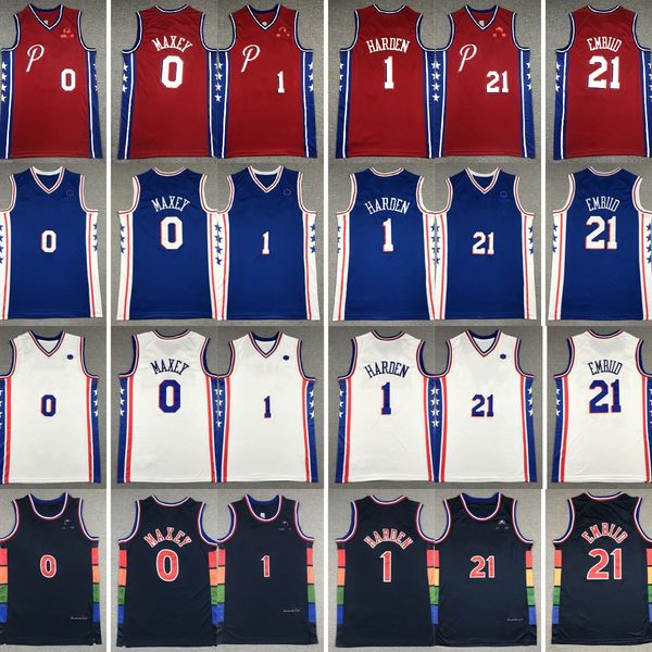 

2022-23 new city basketball 1 james 21 joel harden embiid jersey stitched 0 tyrese maxey jerseys mens blue white red, Black;red