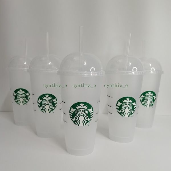 

24oz starbucks dome cover plastic tumbler reusable clear drinking flat bottom cup pillar shape lid straw mug bardian