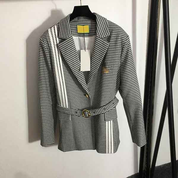 

vintage embroidery blazer jackets creative belt designer coat brand plaid pattern ladies blazer coats, Black;brown