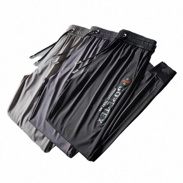 

men's pants summer ultra-thin silky quick-drying track men slim elastic waist embroidery drawstring outdoor large size 5xl1 d4ro#, Black