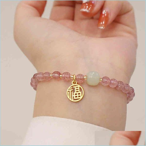 

charm bracelets chine character bls natural stberry quartz tian beads bracelets for women fine jewelry gifts wholale ybr yummyjewelry dh8k9, Golden;silver
