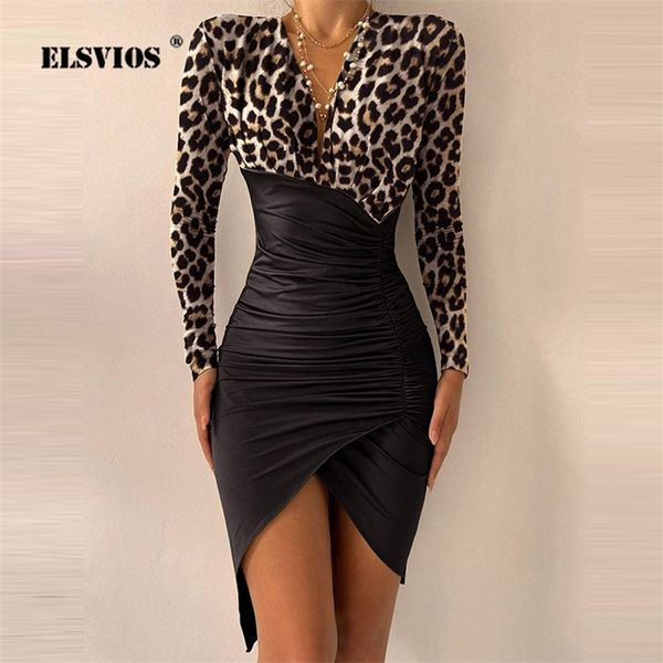 

casual dresses fashion party lady fall leopard print long sleeves v neck slim bodycon split elegant spring women 220919, Black;gray