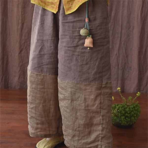 

women's pants capris johnature women linen patchwork color wide leg pants elastic waist summer original loose women long pants 220916, Black;white