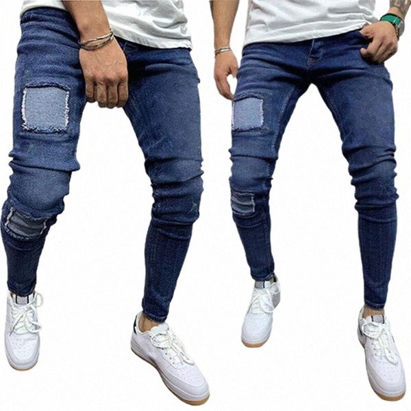 

men's jeans fashion slim fit solid scratched skinny denim distressed stretchy pencil pants ripped full length trousers 2021 v51l#, Blue