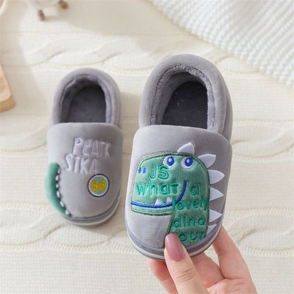 

slipper winter dinosaur kids slippers for boys girls flip flops soft non-slip children home baby warm cotton indoor shoes 220919, Black;grey