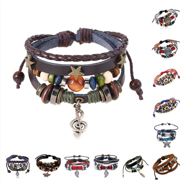 

vintage bohemia punk musical note pendant charm rope multi layers leather multi colors beads customized adjustable men bracelet, Golden;silver