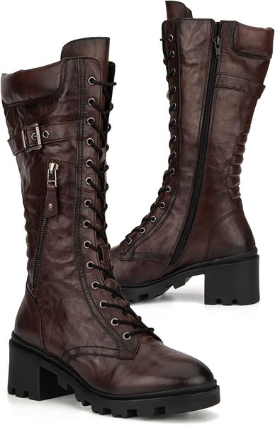 

women's mid calf leather boots hand quilted knee length casual motorcycle burgundy, Black