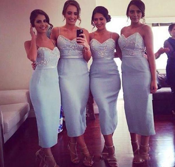 

2023 light blue bridesmaid dresses lace applique spaghetti straps tea length ribbon sheath custom made plus size maid of honor gown country, White;pink