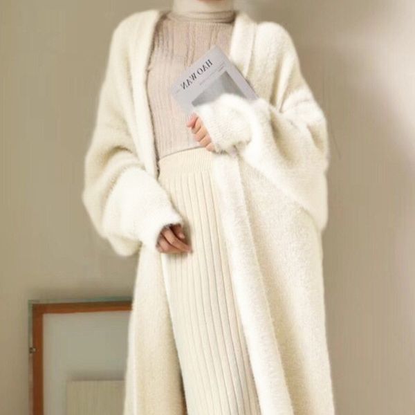 

women s knits tees winter clothe faux mink cashmere cardigan loose pull femme bat sleeve long coat thickness warm knitted sweater outwear 22, White