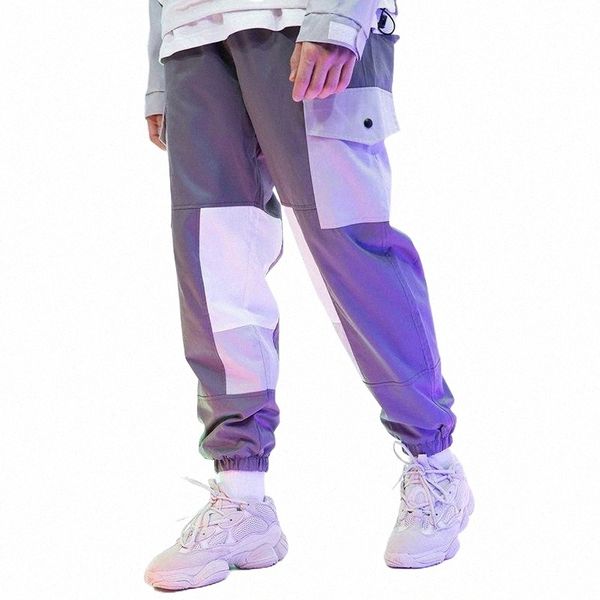 

men's pants fashion high street mens color block crago pockets hip loose fit work attire trousers o81r#, Black