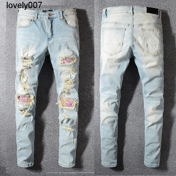 

men's jeans 589 high street fashion brand amirs jeans men's personality fashion wear patch broken splicing slim fit pants, Blue