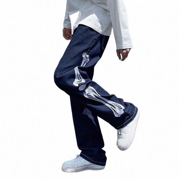

men's jeans men skeleton printed oversized 5xl straight blue jean pants 2022 mopping trousers mens streetwear hip hop denim o2q6#