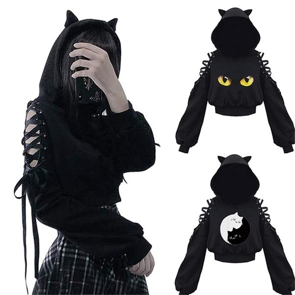 

women's hoodies sweatshirts women long sleeve hoodies kawaii cat ears hoodie gothic punk harajuku cold shouler bandage gothic black swe