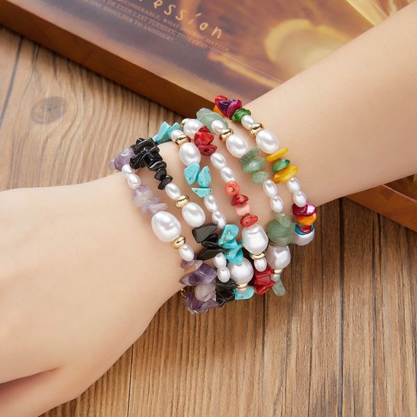 

fashion irregular natural stone gravel pearl bracelet necklace bohemian colorful choker bangle set women jewelry gift, Golden;silver