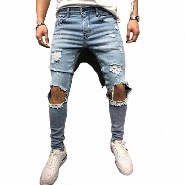 

men's jeans fashion men ripped casual slim biker denim pants hip hop street skinny stretch pencil cowboy trousers mens long blu l22l#, Blue