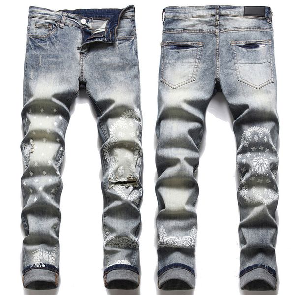 

damage hole print flower denim jeans for men elastic cotton, Blue
