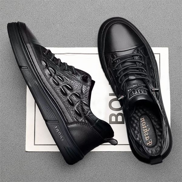 

dress shoes mens genuine leather casual shoes print spring autumn trend sneakers cool leisure flat shoes loafers 220919, Black