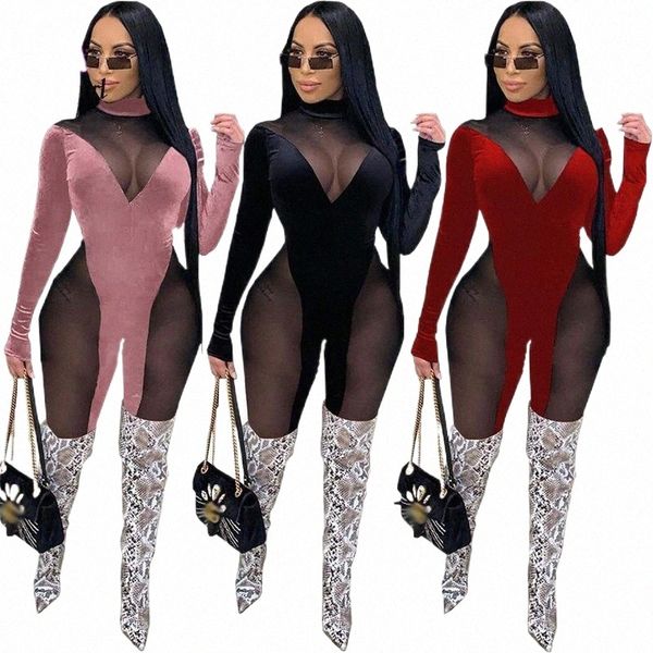 

fitness velvet mesh sheer bodycon jumpsuit turtleneck long sleeve fall clothing women fashion one piece night club outfits women's jump, Black;white