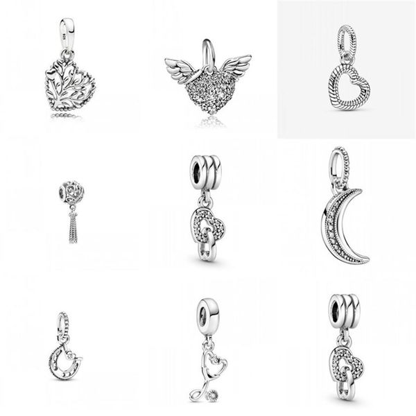 

2021 new 925 sterling silver good luck horseshoe angel wing moon family tree dangle beads fit original pandora charm bracelet 1263 q2240w, Golden;silver