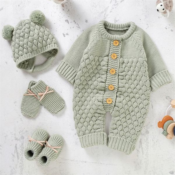 

rompers born baby romper shoes gloves set knit girl boy jumpsuit boot mitten solid toddler infant long sleeve clothing 4pc fall 0-18m 220919, Blue