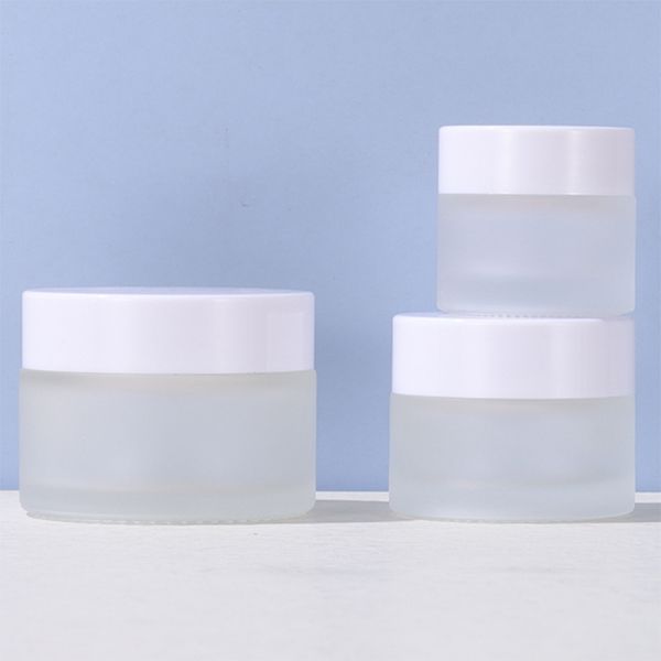 

frosted glass cream jar cosmetic bottle lotion lip balm container with white lid 5g 10g 15g 20g 30g 50g 100g